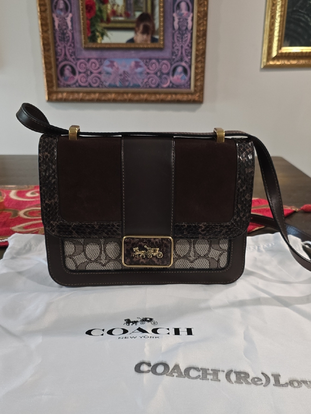 COACH Brown Suede & Signature Canvas Crossbody with Gold-Tone Plaque